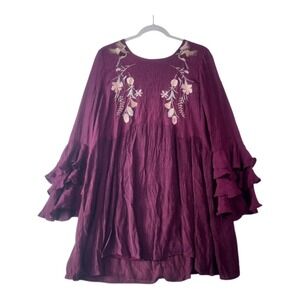 Umgee‎ Burgundy Embroidered Ruffle-Sleeve Tunic Dress – Size Large